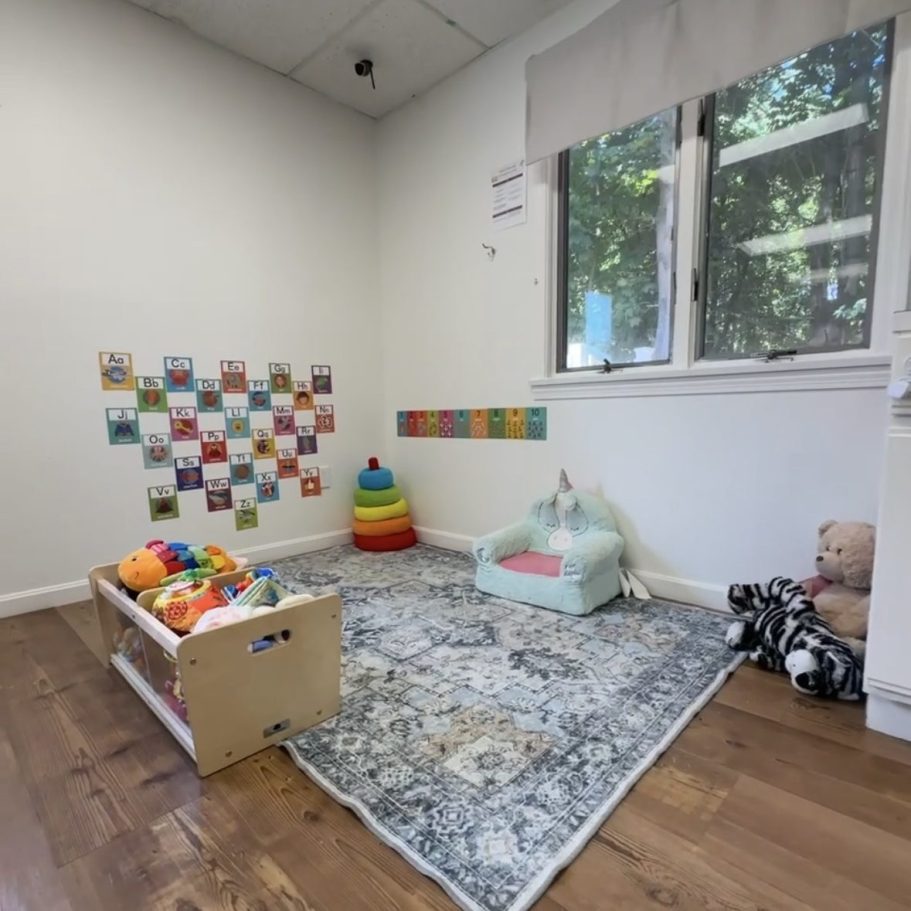 Comfy carpet area with toys, chair and decorations on walls.
